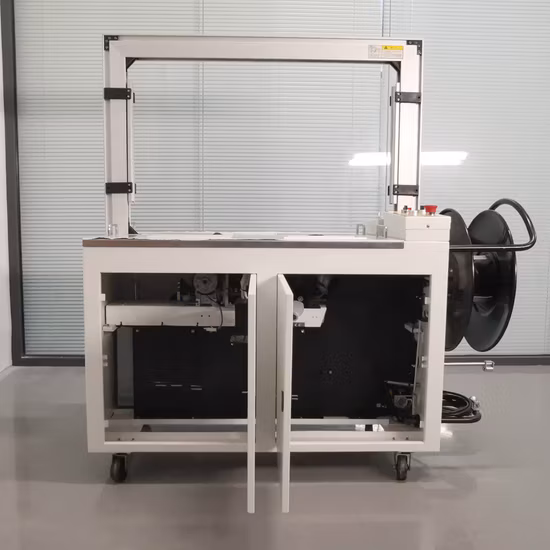 Máquina flejadora de bandas semiautomática para cajas de cartón, plástico, PP, Polychem, polipropileno y correa de poliéster